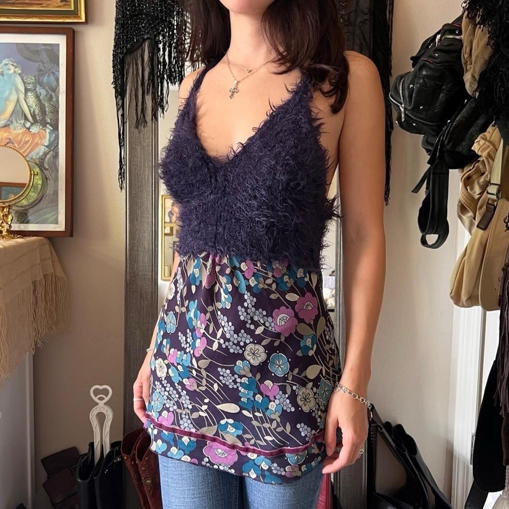 Gian Vargian Vintage 2000s Purple Boho Fairy Floral Furry Bust Tank Top M Italy